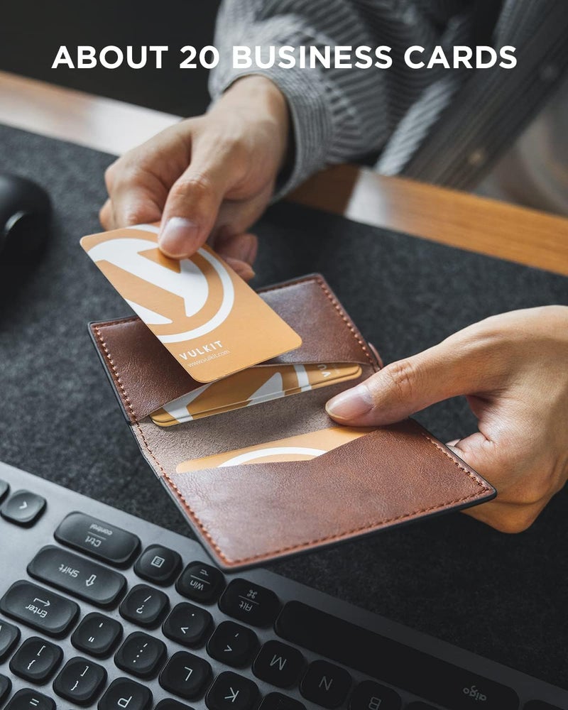 VULKIT Leather Business Card Holder 2 Sided Slim Business Name Card Organizer for Men or Women, Up to hold 20 cards (Vintage Brown) - Image 4